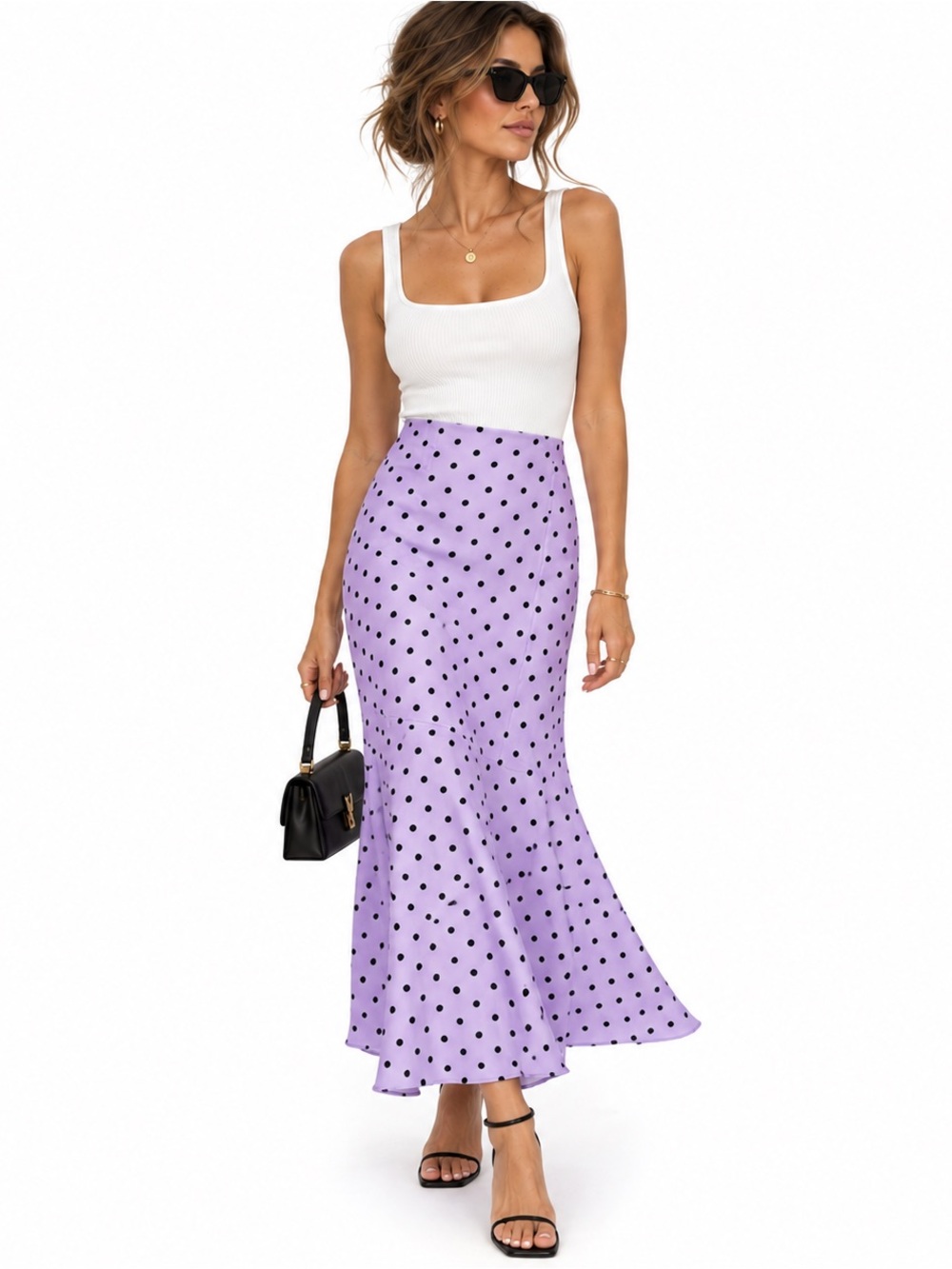 Lavender Polka Dot Satin Mermaid Maxi Skirt